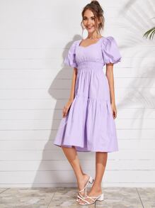 SHEIN Unity 燈籠袖打褶腰素色洋裝 - 紫丁香色 - 查看 5