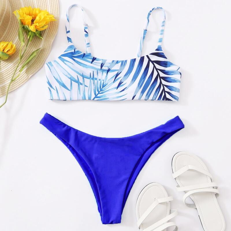 

Palm Print High Cut Bikini Swimsuit, Blue