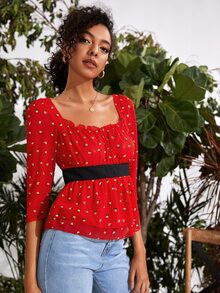 Frill Trim Ruched Bust Allover Print Peplum Top - Red - View 3