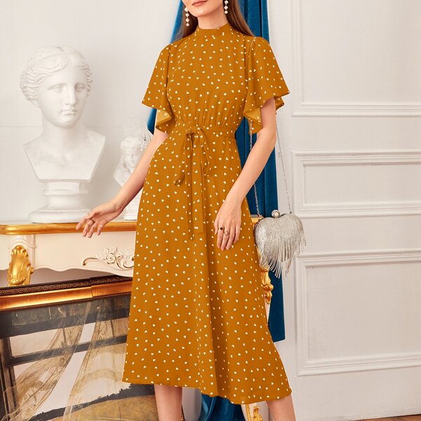 

Polka Dot Tie Back Flutter Sleeve Self Belted Dress, Mustard yellow