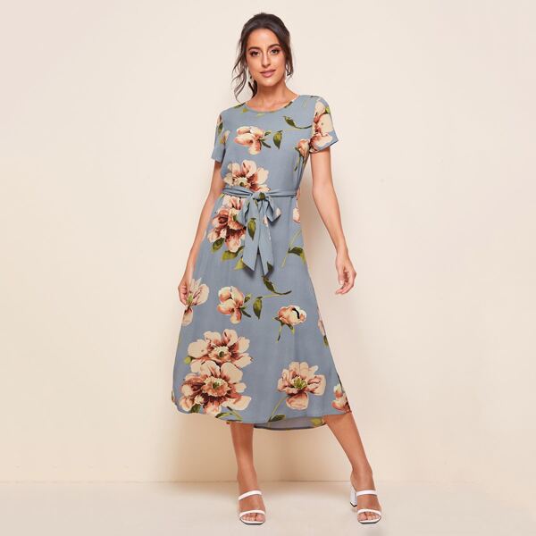 

Floral Print Self Tie Dress, Dusty blue