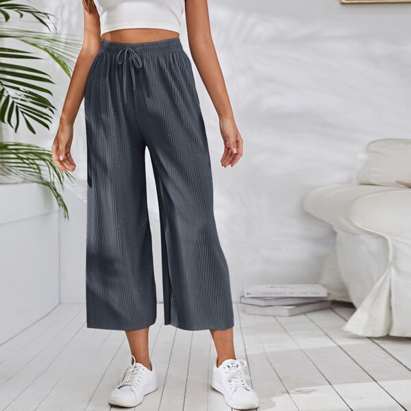 

Solid Drawstring Waist Wide Leg Pants, Navy blue
