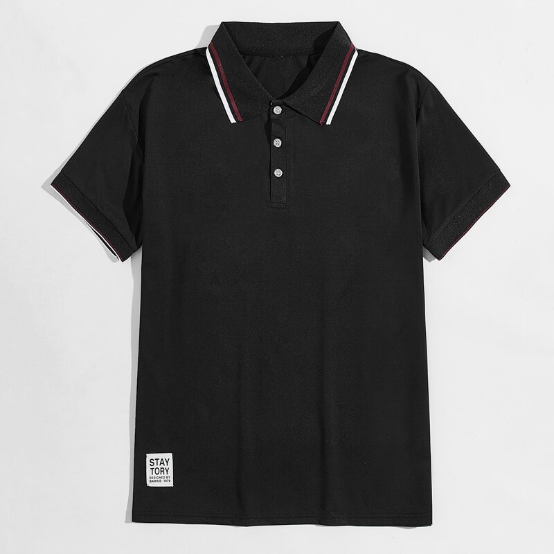 Guys Striped Trim Patched Polo Shirt, Black