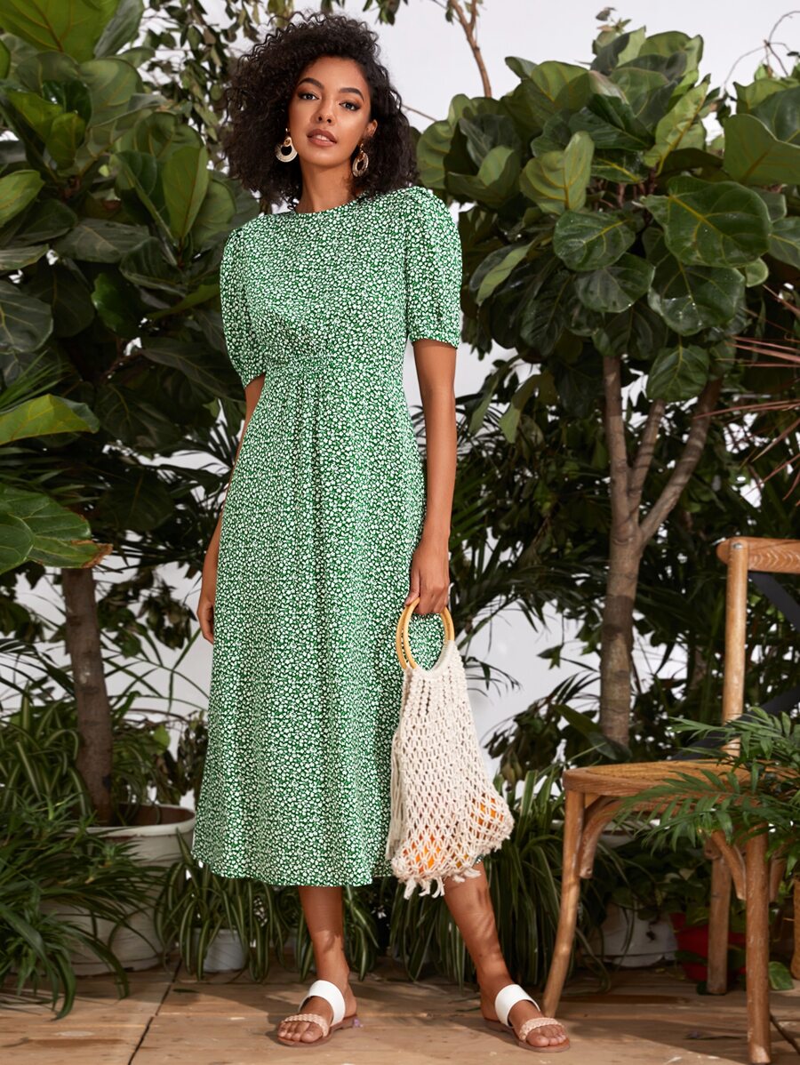 Shirred Detail Ditsy Floral Dress - Green - View 1
