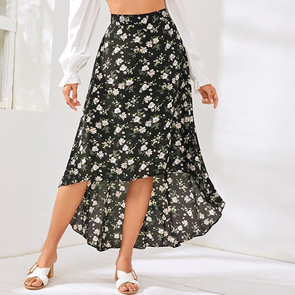 

High Low Hem Floral Skirt, Black