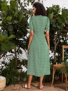 Shirred Detail Ditsy Floral Dress - Green - View 2