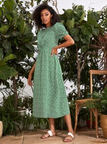 Shirred Detail Ditsy Floral Dress - Green - View 4