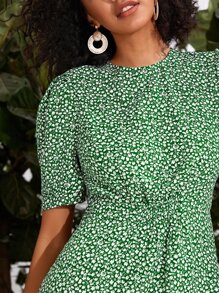 Shirred Detail Ditsy Floral Dress - Green - View 5
