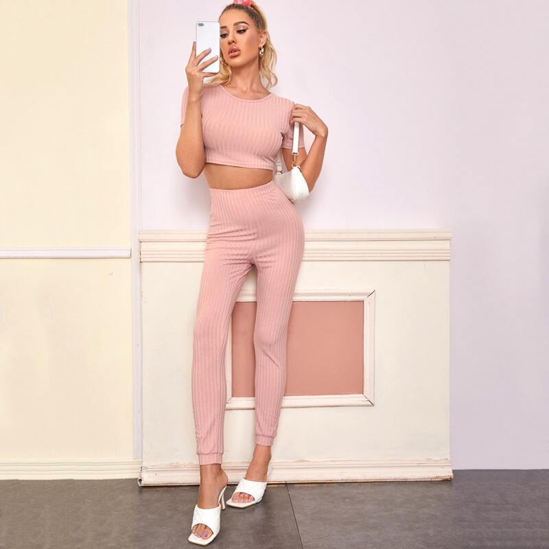 

Rib Knit Crop Tee Pajama Set, Baby pink