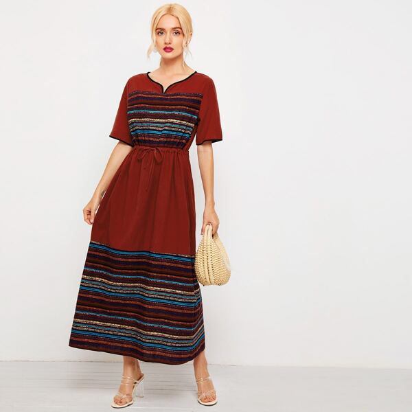 

Striped Print Drawstring Waist Dress, Red