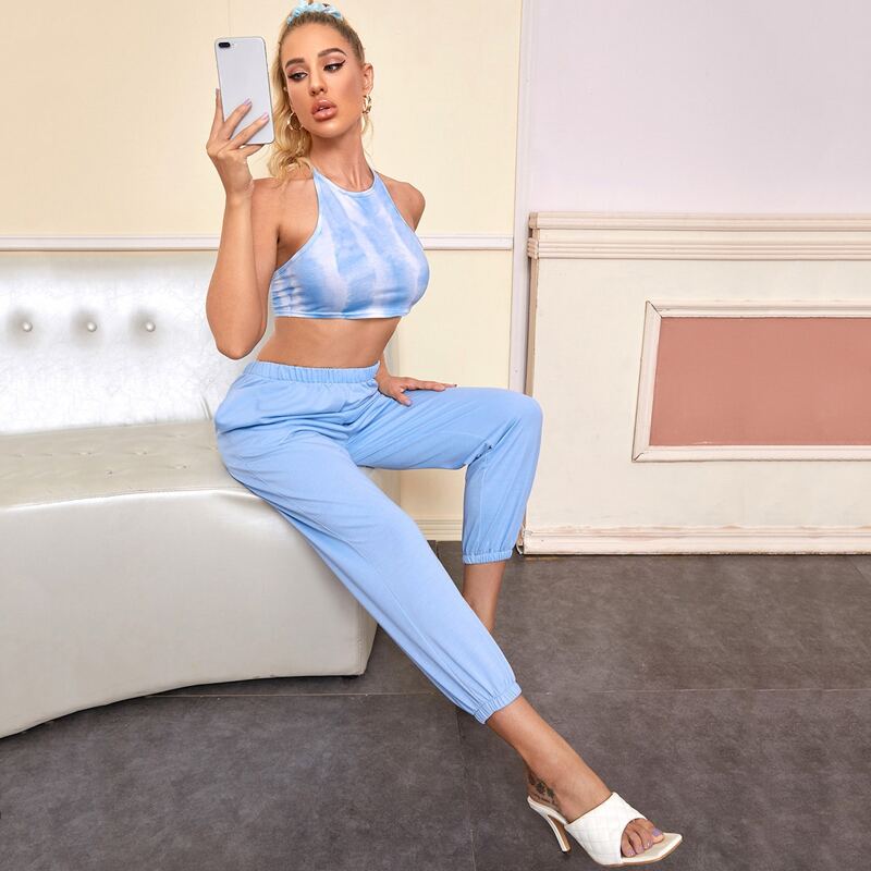 

Tie Dye Halter Lounge Set, Baby blue