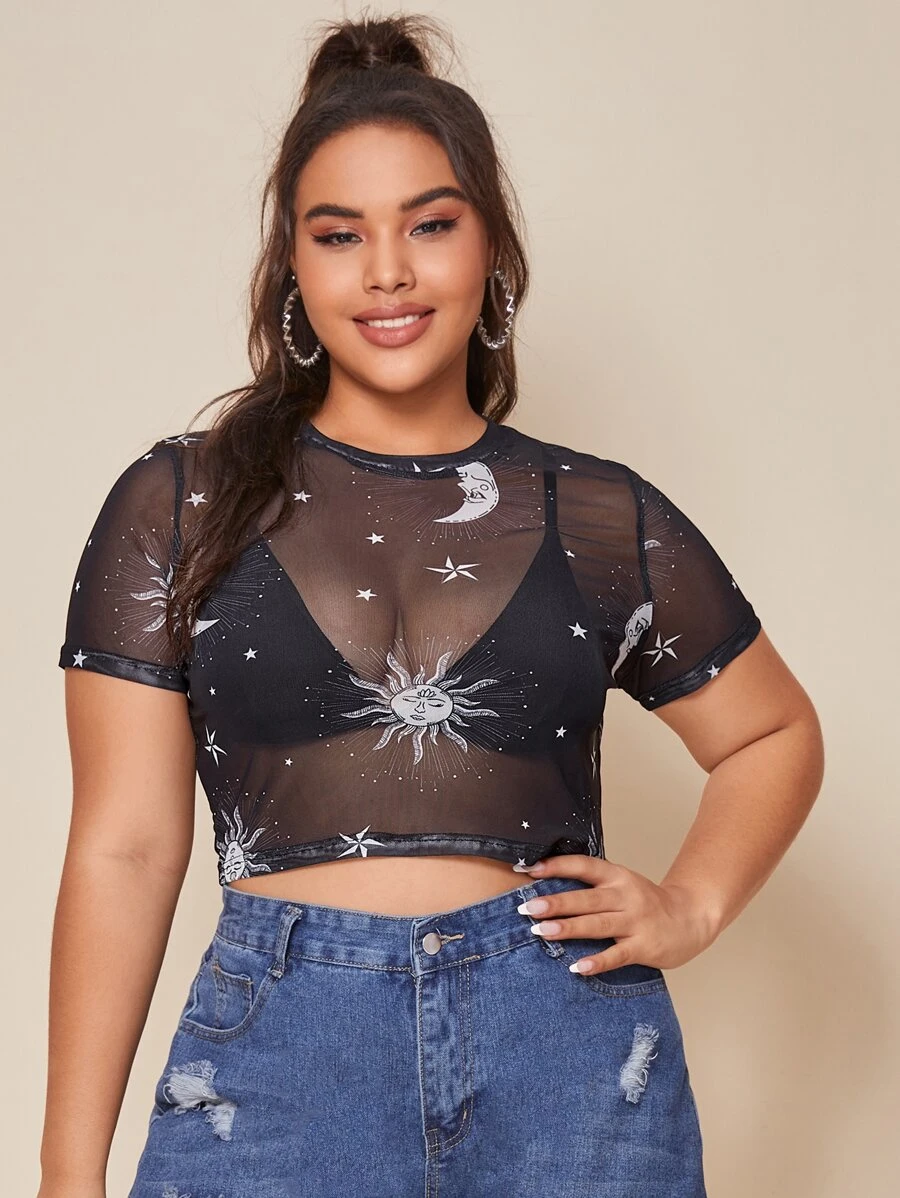 SHEIN Plus Galaxy Mesh Crop Top Without Bra