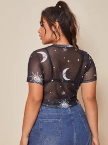 SHEIN Plus Galaxy Mesh Crop Top Without Bra