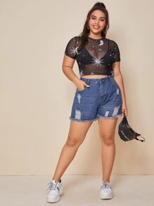 SHEIN Plus Galaxy Mesh Crop Top Without Bra