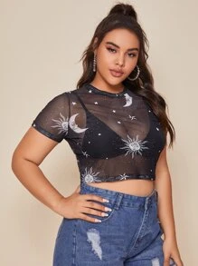 SHEIN Plus Galaxy Mesh Crop Top Without Bra