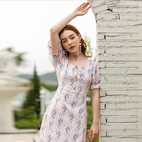 

Ditsy Floral Half Button Dress, Multicolor