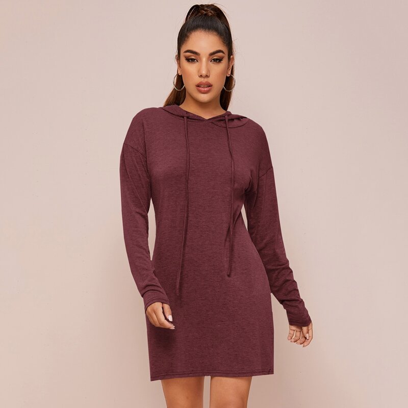

Solid Drop Shoulder Hooded Lounge Dress, Maroon