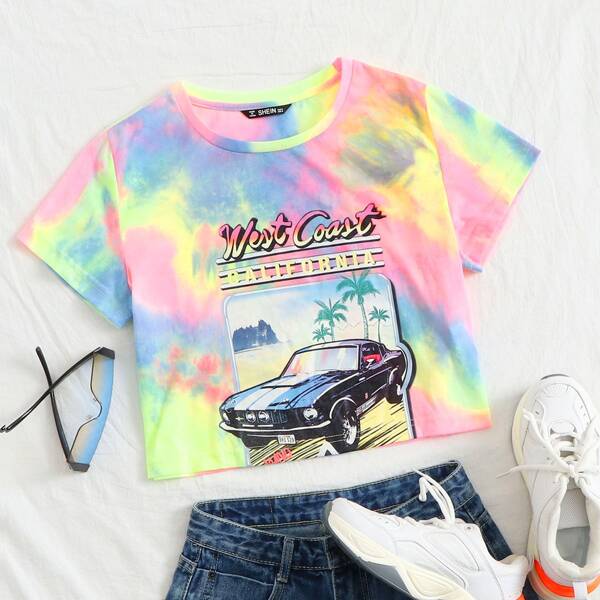 

Letter Graphic Tie Dye Top, Multicolor