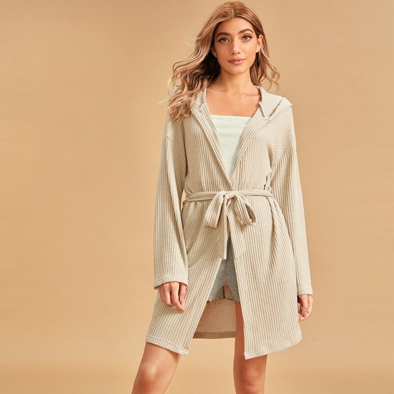 

Solid Hooded Belted Robe, Beige