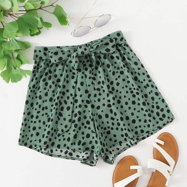 

All Over Print Belted Wide Leg Shorts, Multicolor