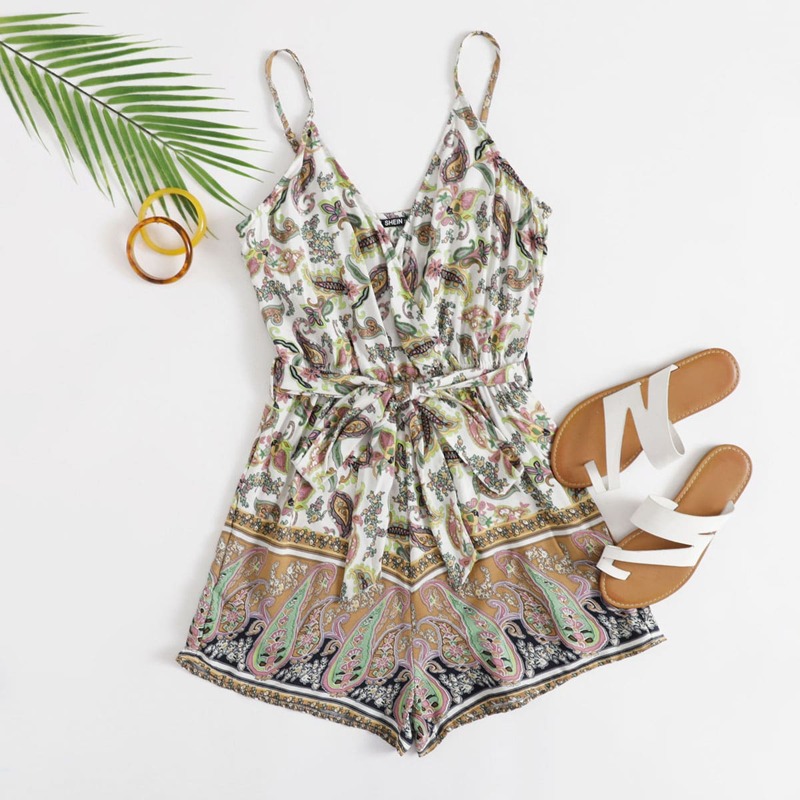 

Paisley Print Surplice Neck Self Belted Cami Romper, Multicolor