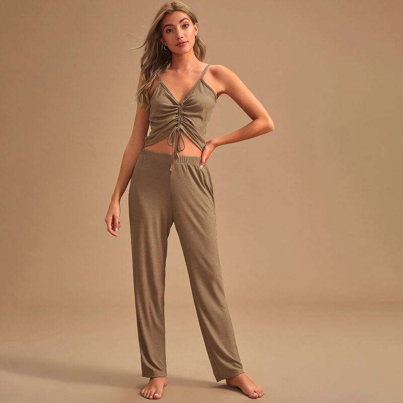 

Drawstring Front Rib-Knit Cami Top With Pants PJ Set, Mocha brown