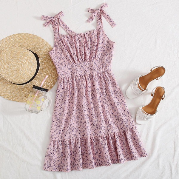 

Ruffle Hem Ruched Bust Ditsy Floral Cami Dress, Baby pink
