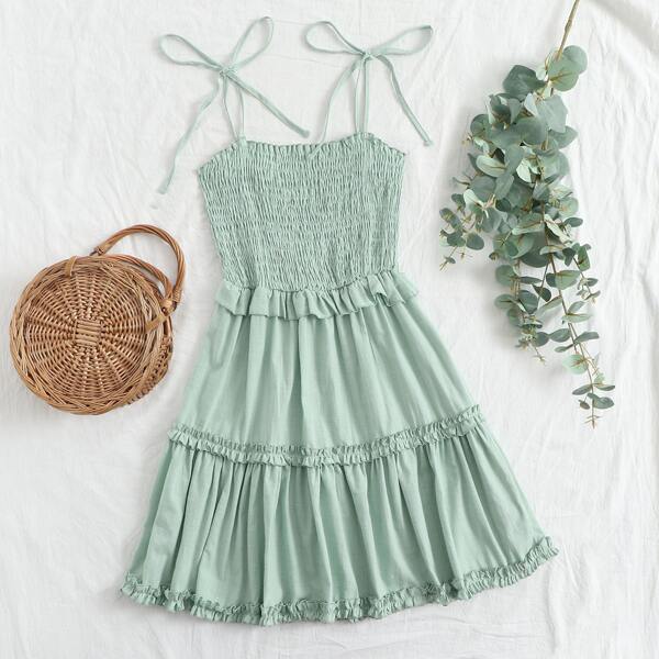 

Knot Straps Shirred Bodice Frill Trim Sundress, Mint green