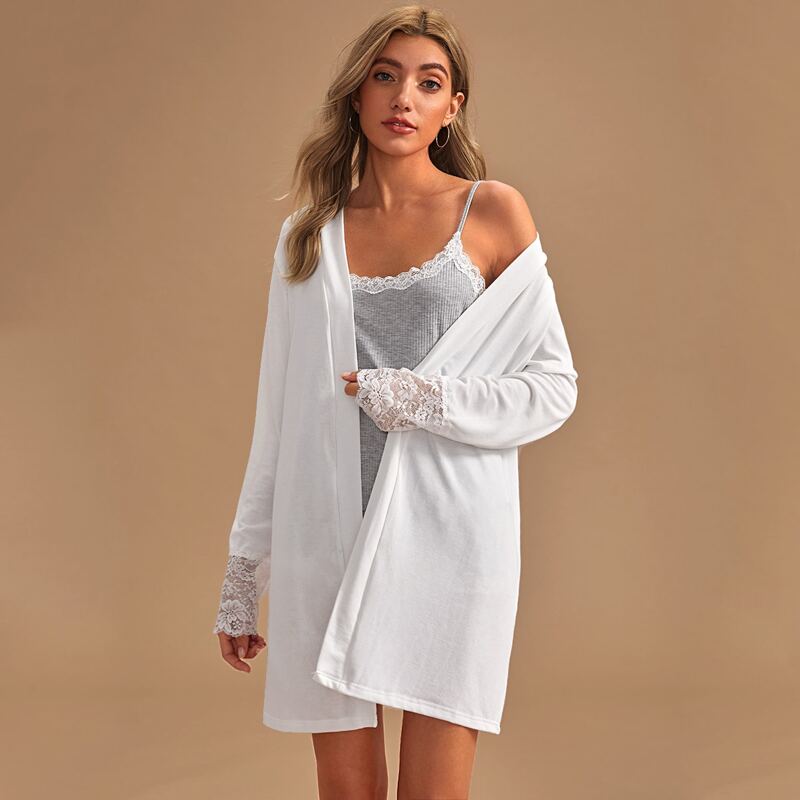 

Contrast Lace Cuff Self Tie Robe, White