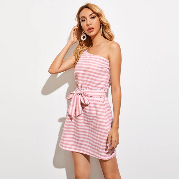 

Striped One Shoulder Self Tie Tunic Dress, Pink
