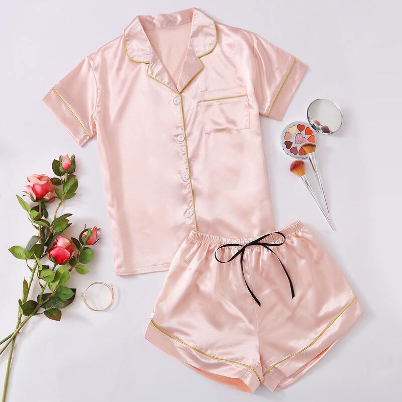 

Contrast Binding Tie Front Satin PJ Set, Baby pink