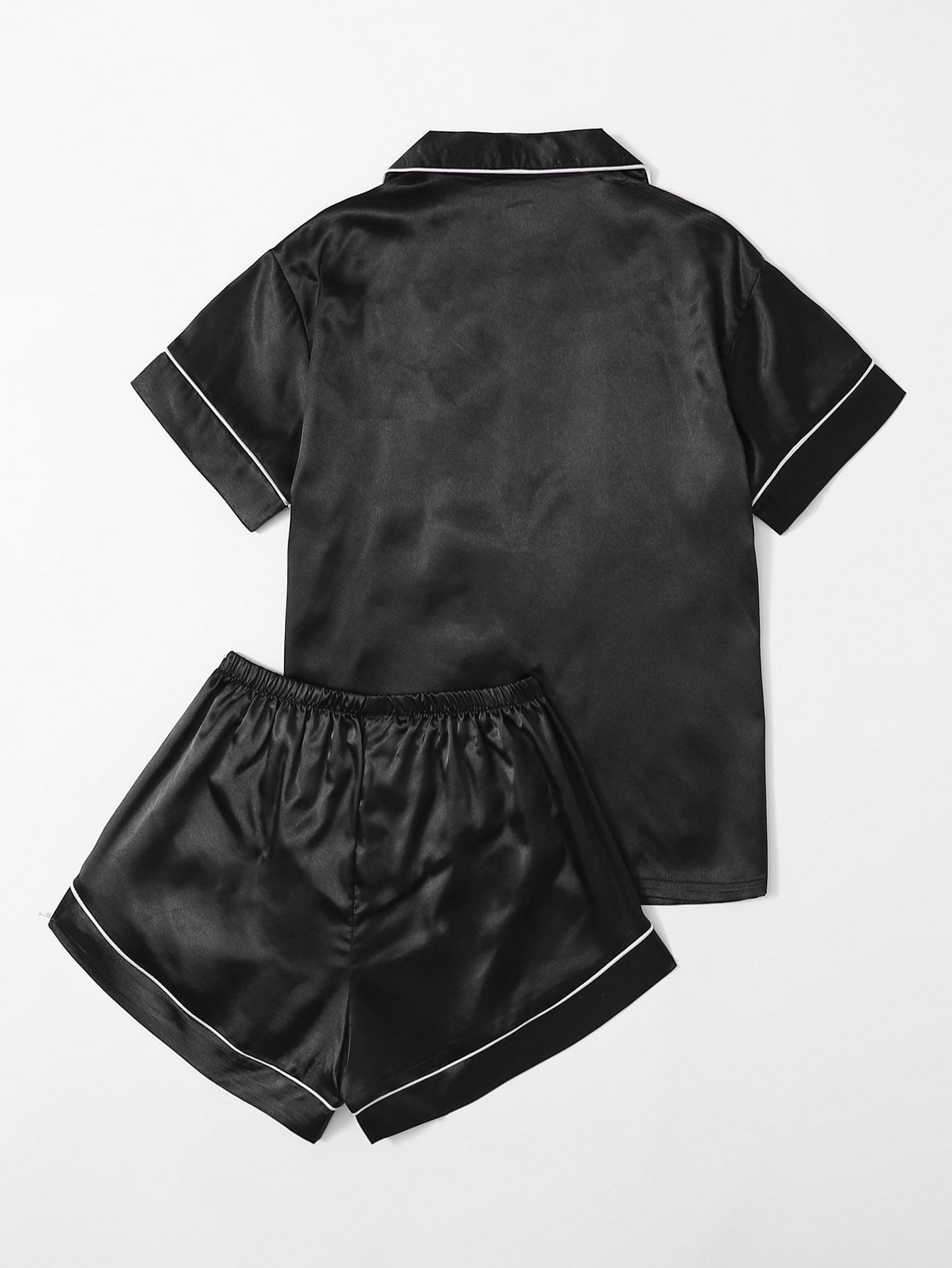 Contrast Piping Button Front Satin PJ Set / Pajama Set