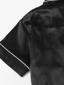 LuxeNights Contrast Piping Button Front Satin PJ Set / Pajama Set - Black - View 3
