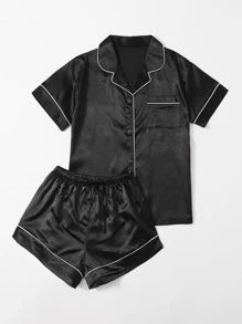 LuxeNights Contrast Piping Button Front Satin PJ Set / Pajama Set - Black - View 4