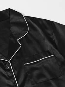 LuxeNights Contrast Piping Button Front Satin PJ Set / Pajama Set - Black - View 5