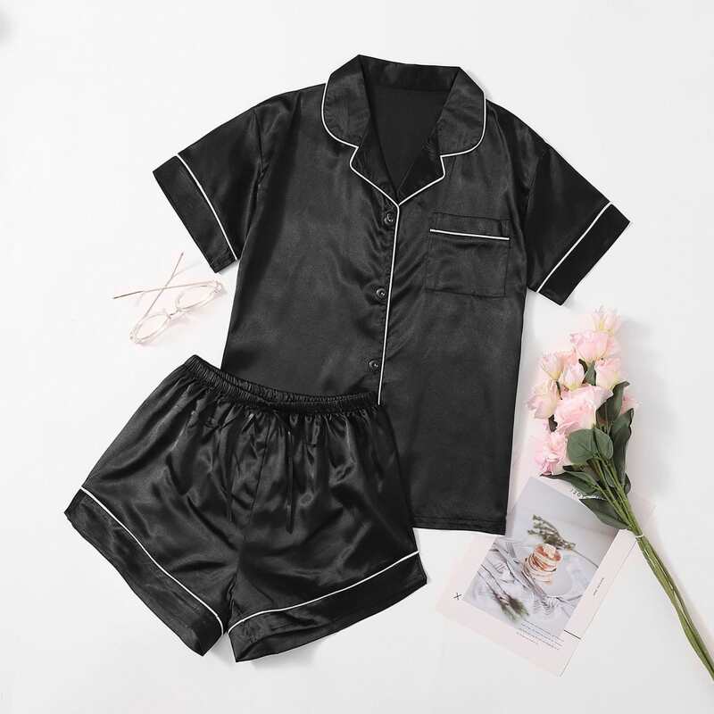 

Contrast Binding Tie Front Satin PJ Set, Black