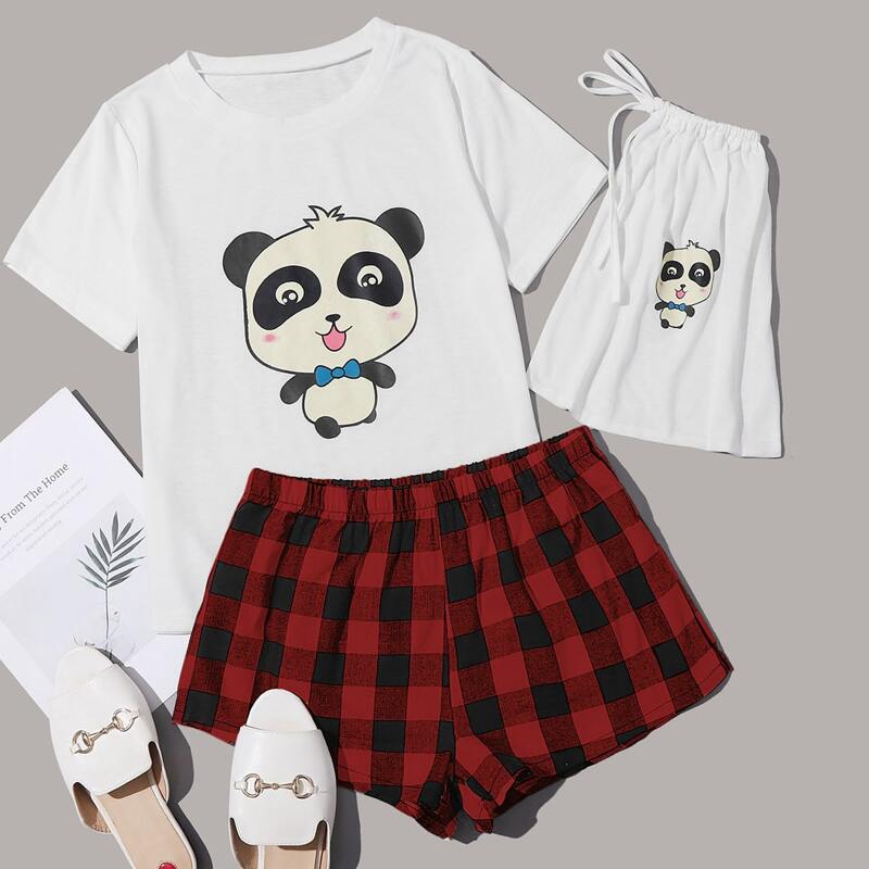 

Cartoon Graphic Tee & Gingham Shorts PJ Set & Bag, Multicolor