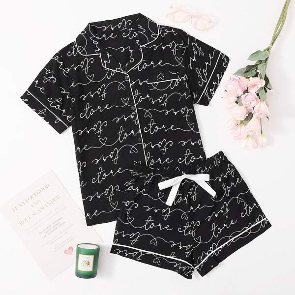 

Lapel Letter Graphic Tie Front PJ Set, Black