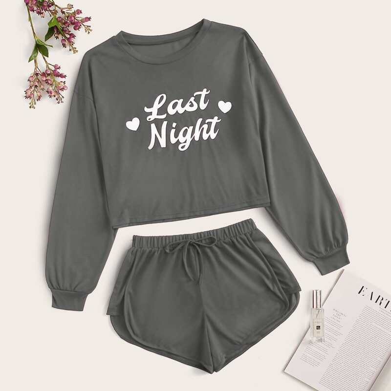 

Letter & Heart Print PJ Set, Grey