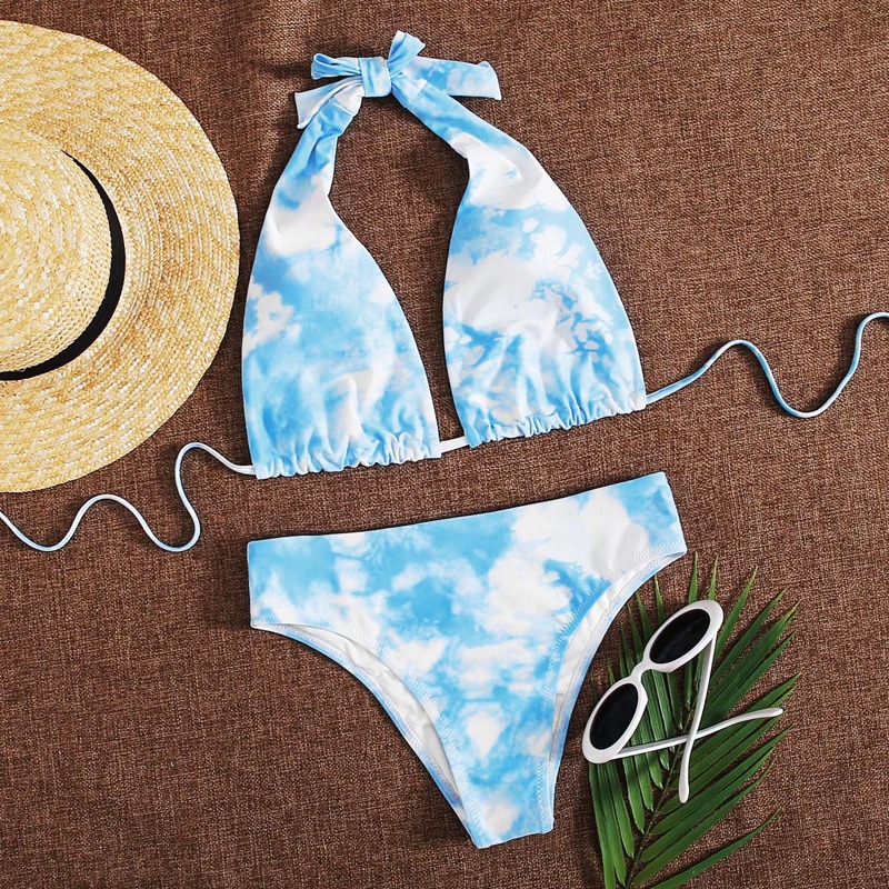 

Tie Dye Halter Bikini Swimsuit, Baby blue