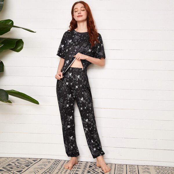 

Cartoon Graphic Tee & Pants PJ Set, Black