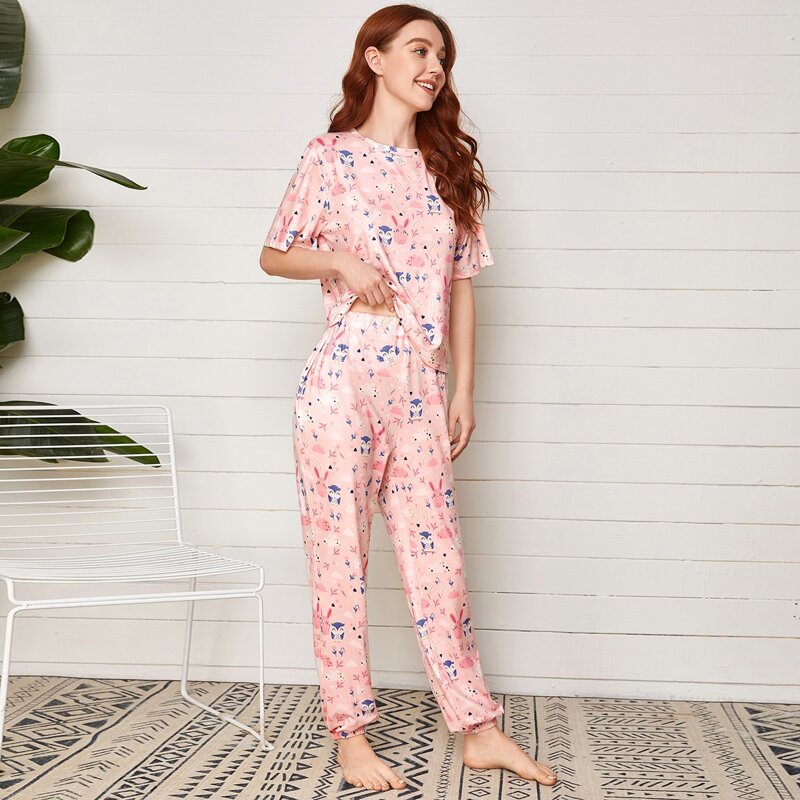 

Plants & Cartoon Graphic PJ Set, Baby pink