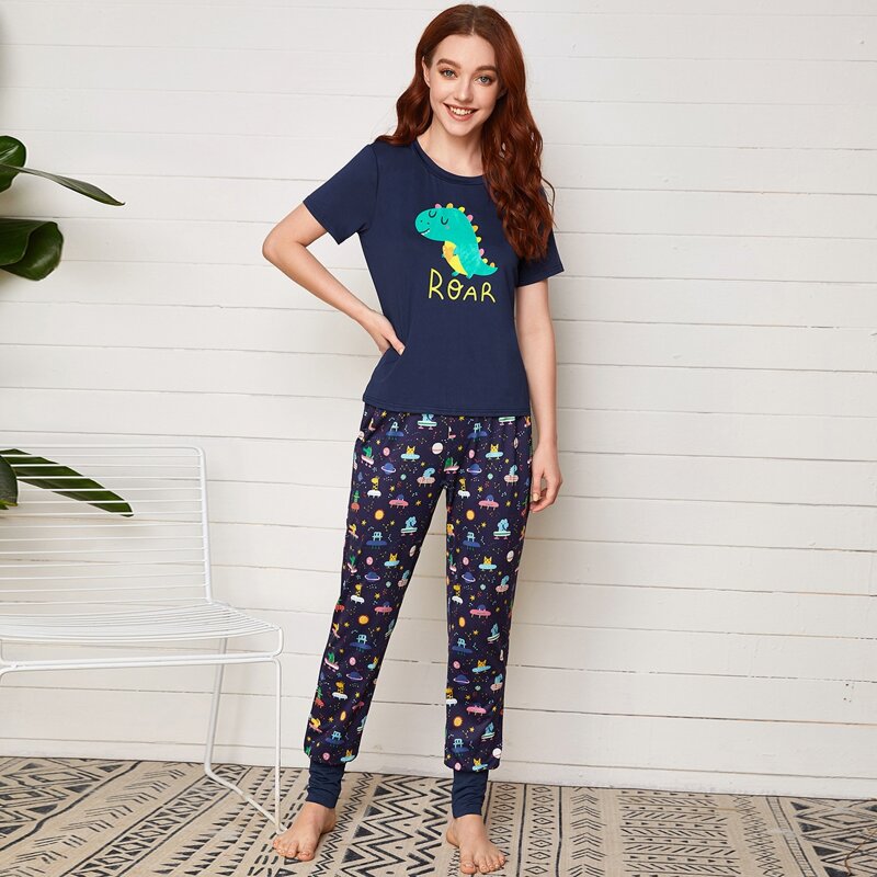 

Letter & Cartoon Graphic PJ Set, Multicolor