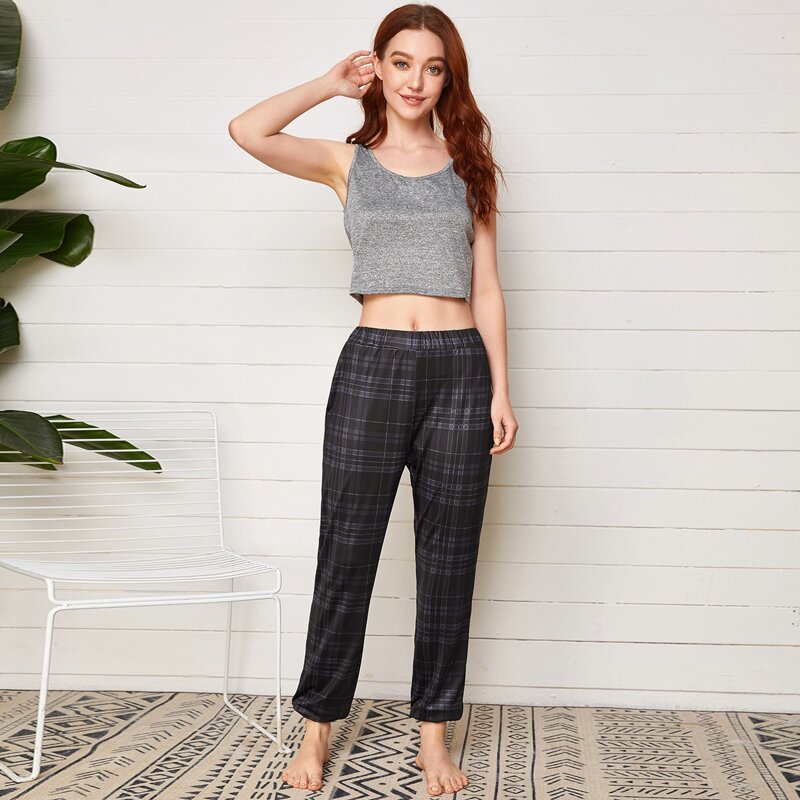 

Solid Tank Top & Plaid Pants PJ Set, Multicolor