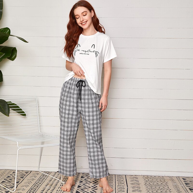 

Slogan Graphic Tee With Tartan Print Pants PJ Set, Black and white
