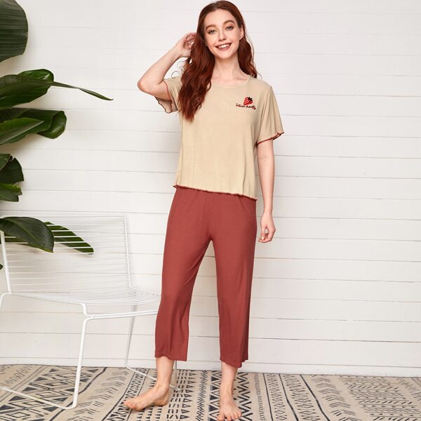 

Letter & Strawberry Embroidery PJ Set, Multicolor