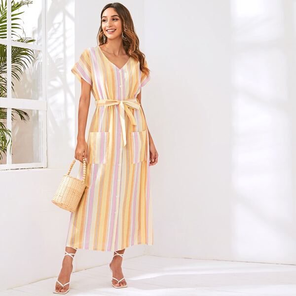 

Button Front Pocket Belted Striped Dress, Multicolor