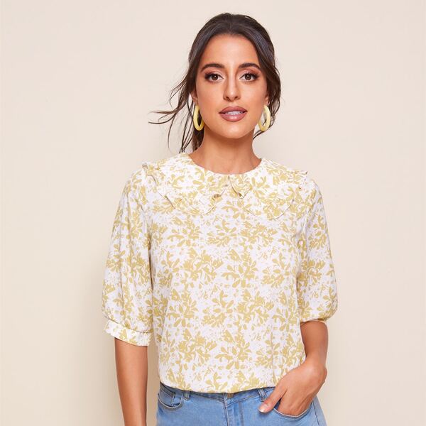 

Allover Floral Peter Pan Collar Blouse, Beige