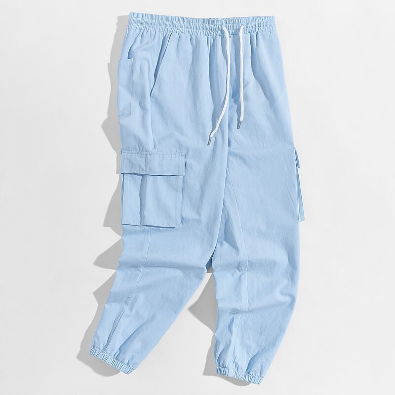 

Guys Drawstring Waist Flap Pocket Cargo Pants, Baby blue