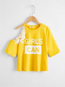 SHEIN Tween Girl Cold Shoulder Appliques Detail Letter Graphic Tee